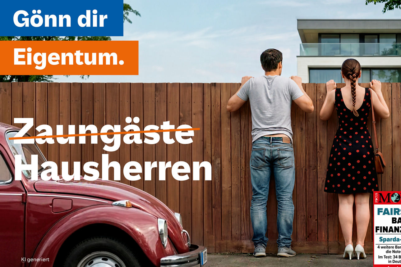 Zwei Personen schauen über einen Zaun