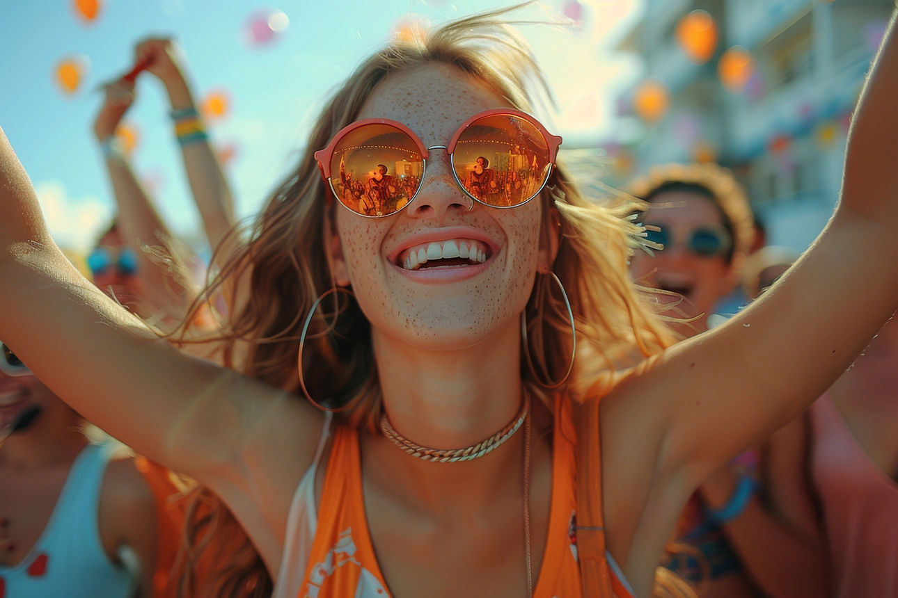 Festivalpublikum mit vor Begeisterung erhobenen Händen, durch das goldenes Sonnenlicht strömt – ein Bild voller Energie und Freude.