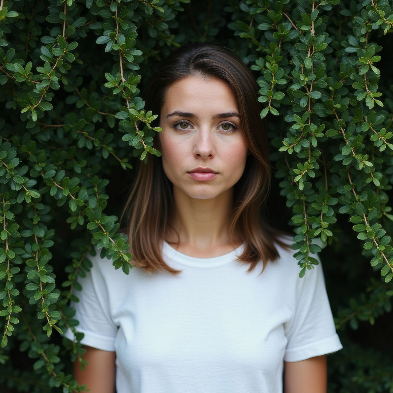 Junge Frau umringt von Pflanzen