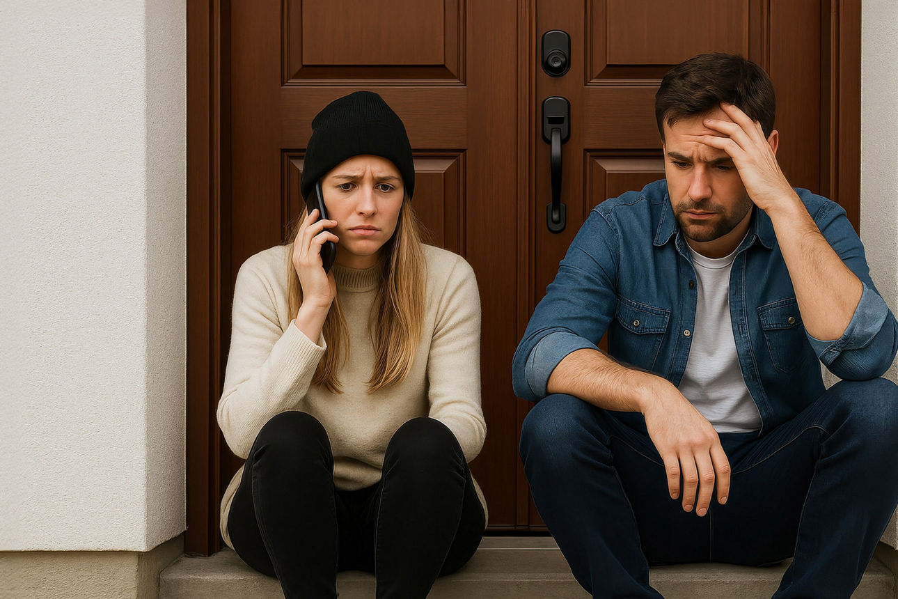 Paar sitzt vor verschlossener Türe