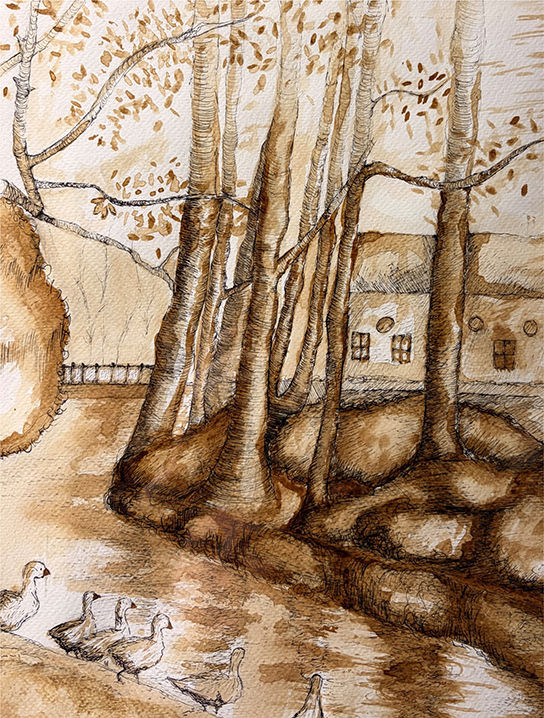 Gemälde, Fluß mit Bäumen und Enten