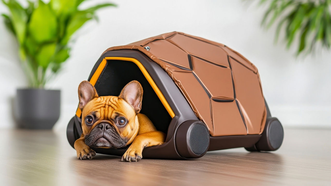 Hund der in einem Schildkrötenpanzer liegt