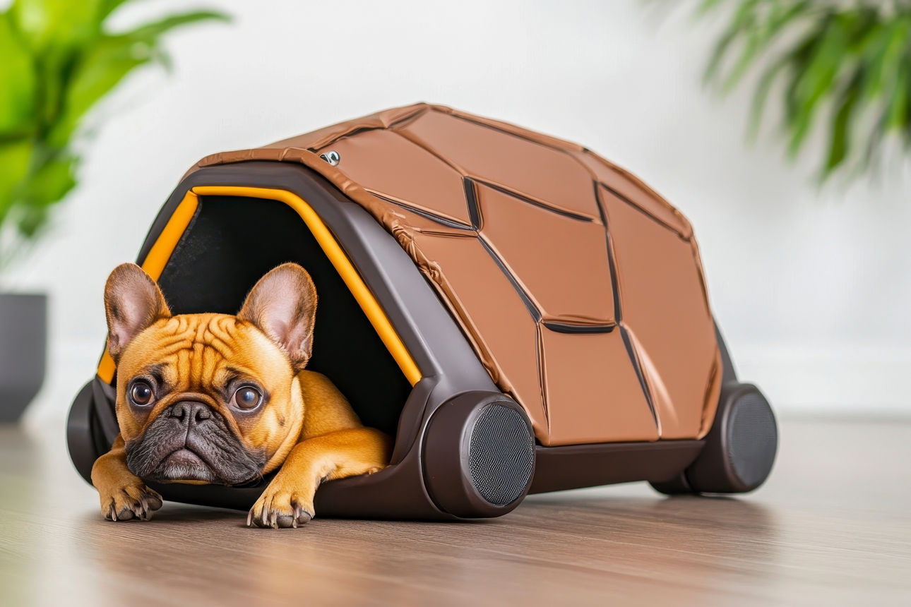 Hund in einem Schildkrötenpanzer