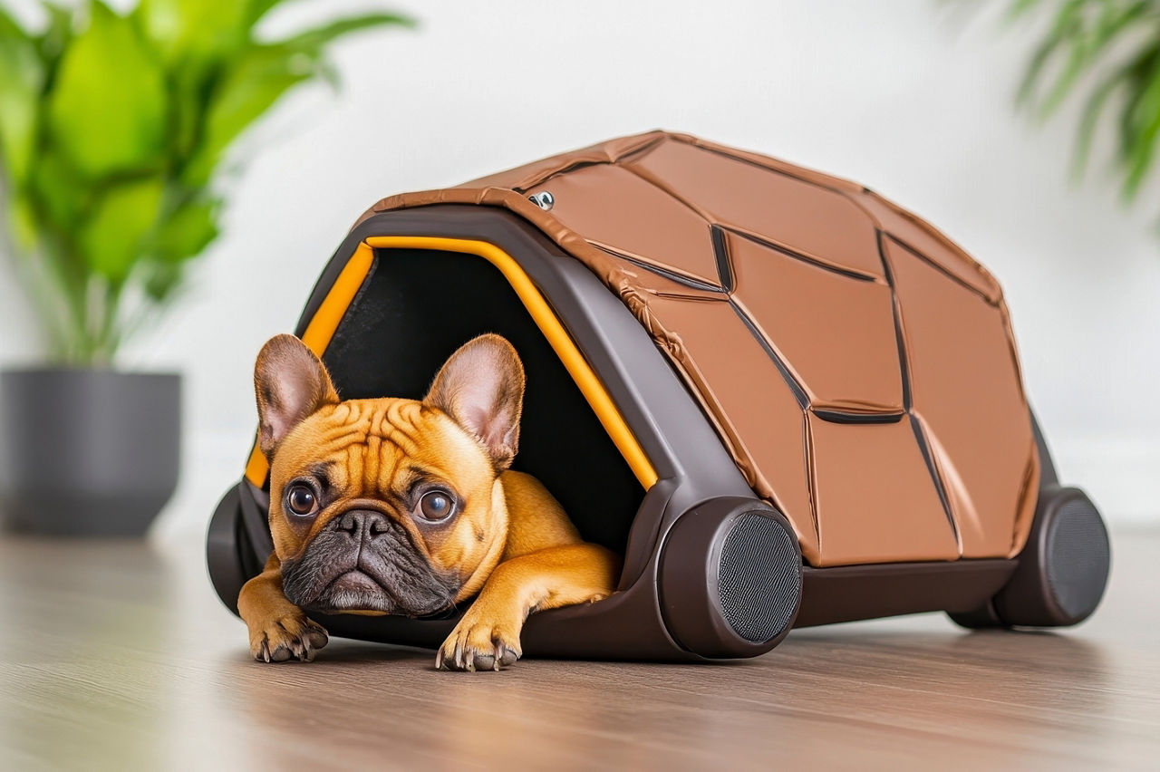 Hund der in einem Schildkrötenpanzer liegt