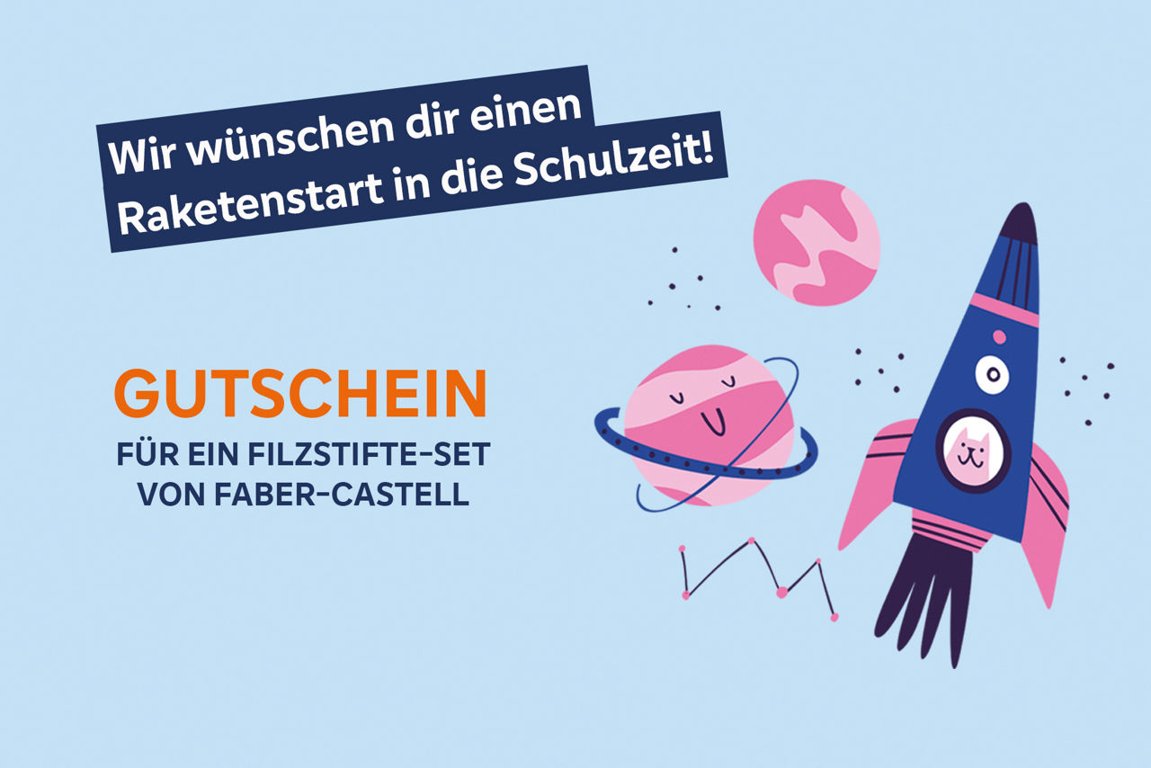 Eine startende Rakete und im Weltall in einer Comicvariante 