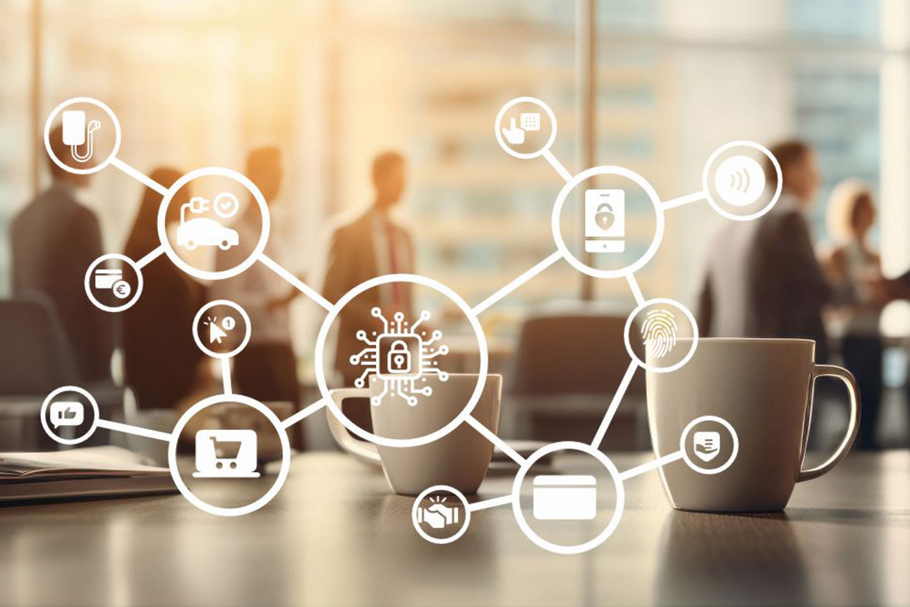 Mehrere Menschen stehen in einem Raum und begrüßen sich