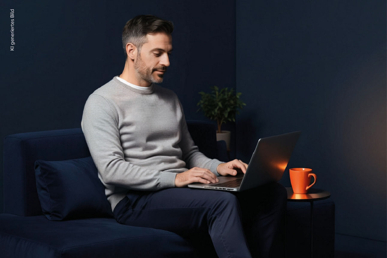 Mann sitzt mit Laptop auf Sofa