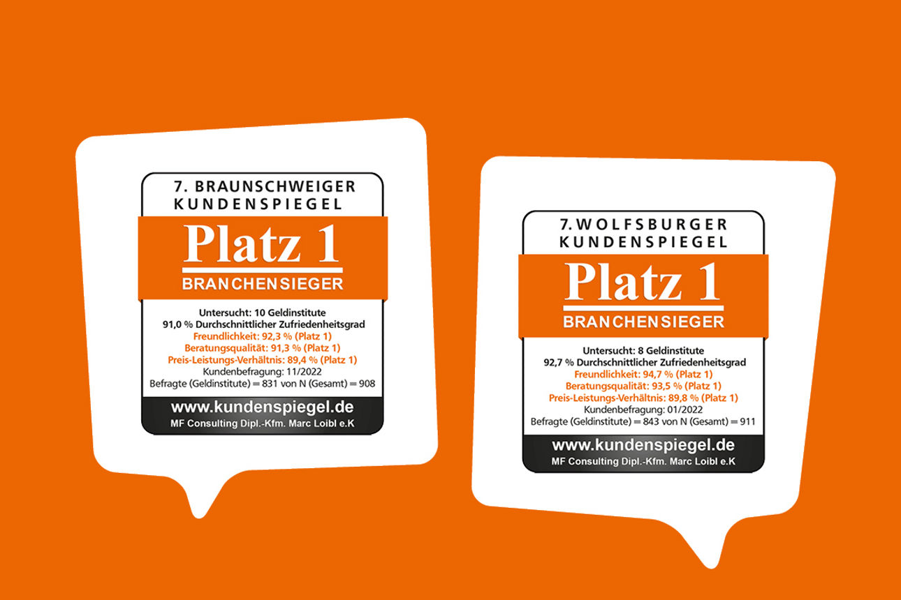 Gafik mit mit wei Auszeichnungen für Platz 1 im Kundenspiegel.