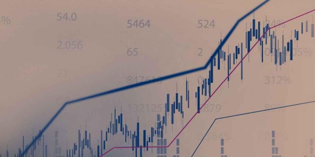Finanzchart mit Linien- und Balkendiagrammen, zeigt steigende Trends.