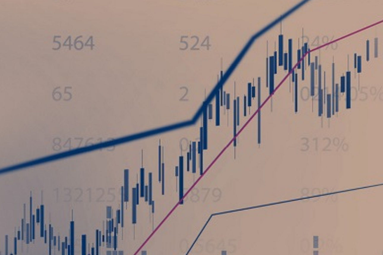 Finanzchart mit Linien- und Balkendiagrammen, zeigt steigende Trends.