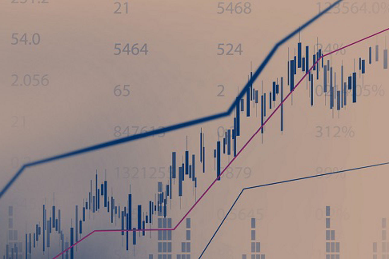 Finanzchart mit Linien- und Balkendiagrammen, zeigt steigende Trends.