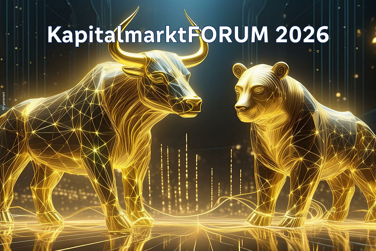 Goldener Bulle und Bär aus geometrischen Linien vor einer leuchtenden Skyline. Text "KapitalmarktFORUM 2026" (KI-generiert)