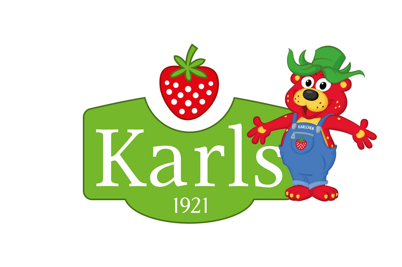 Ein Logo mit einer Erdbeere und einem Bären mit grünem Hut