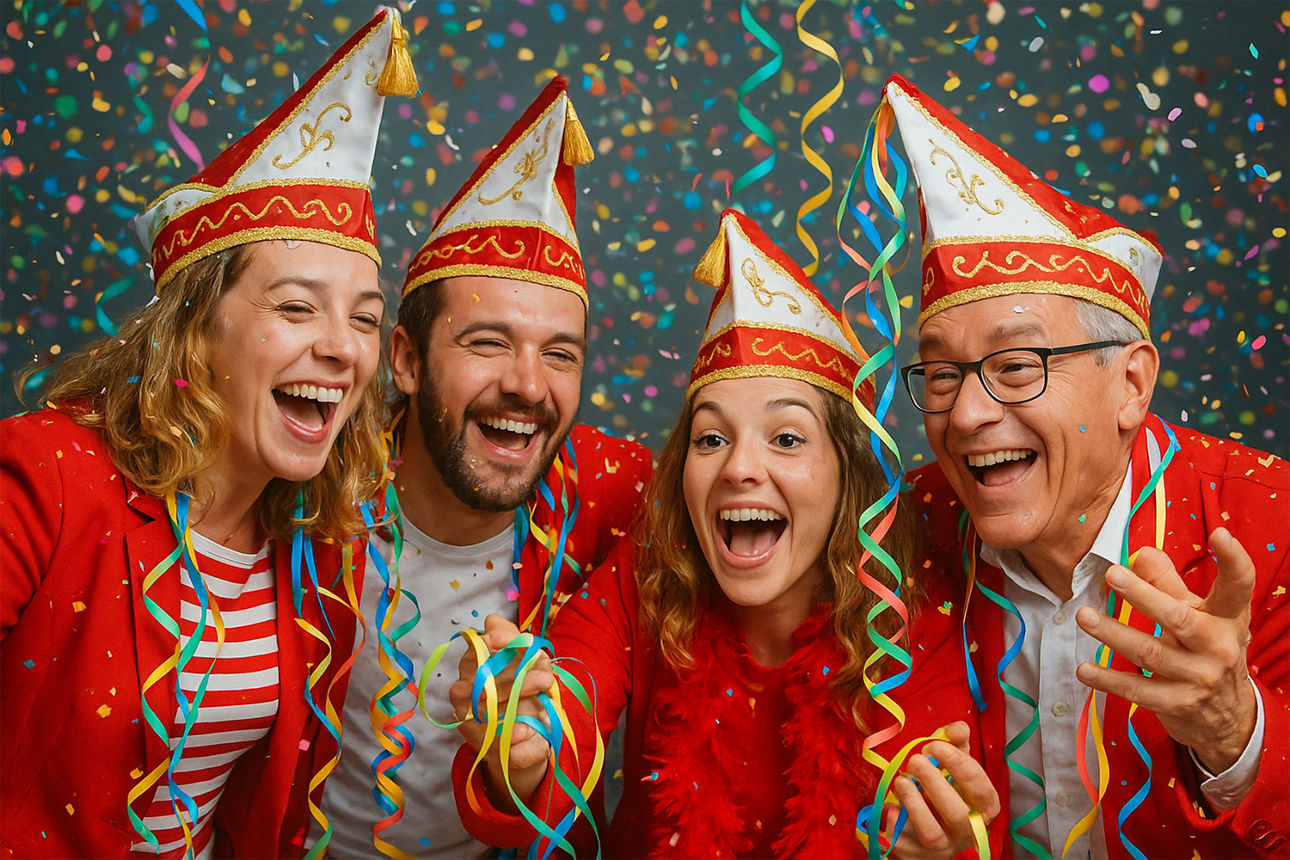 Vier fröhliche Erwachsene feiern ausgelassen mit Konfetti und Karnevalshüten vor buntem Hintergrund.