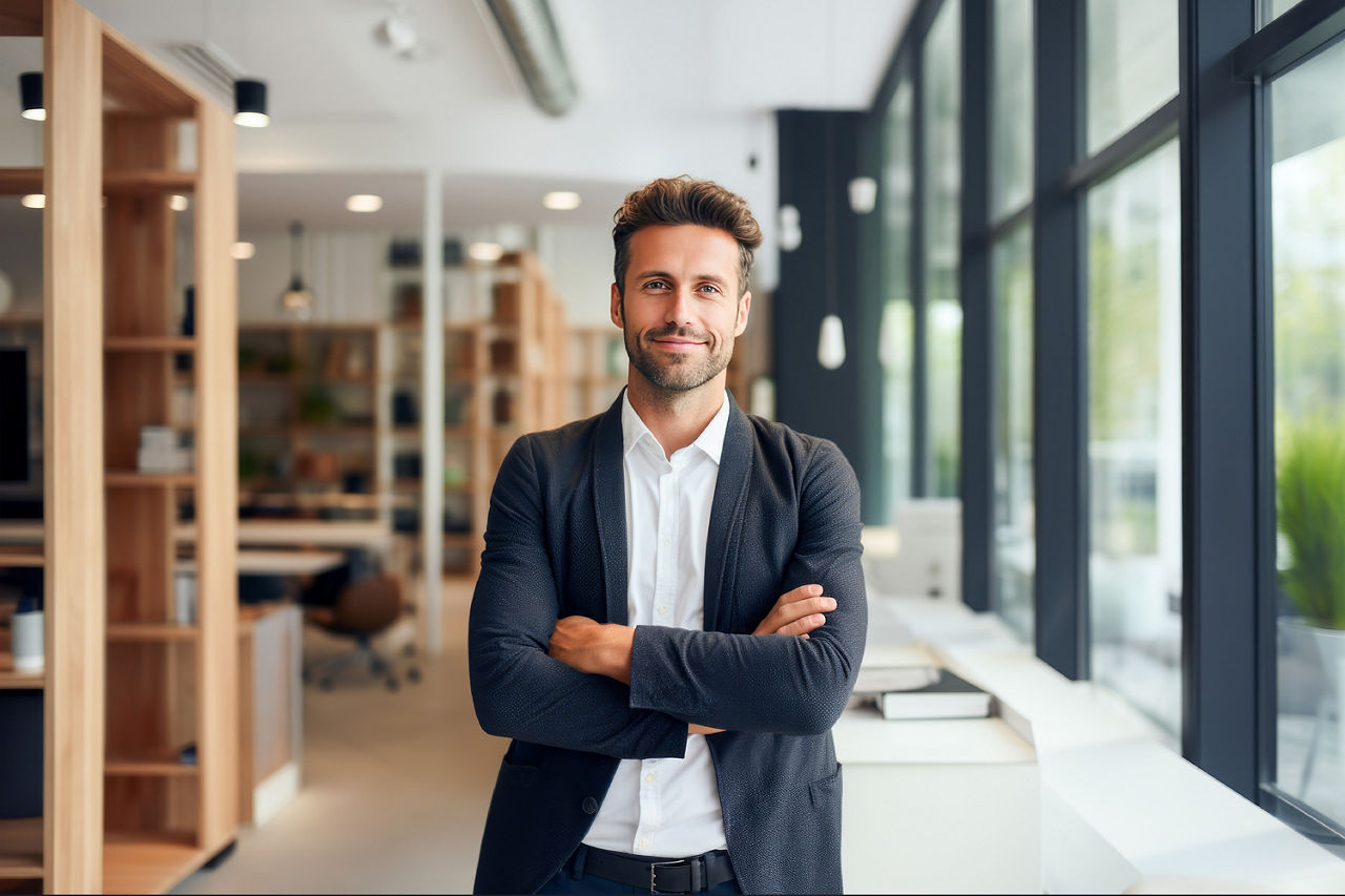 Ein attraktiver Mann ist in einem modernen Büro abgebildet, mit einem Lächeln im Gesicht.