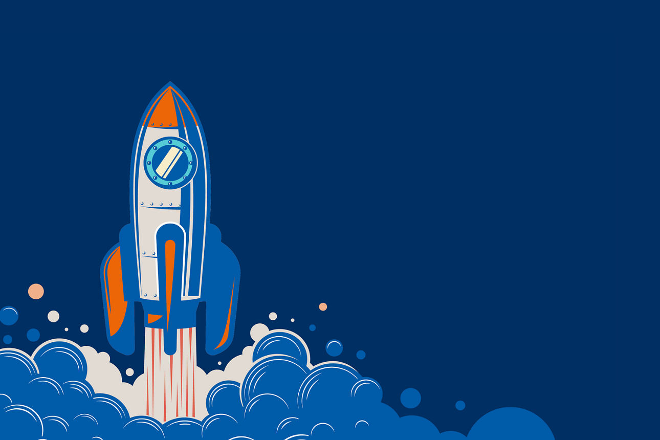 Eine Rakete im Comic-Stil auf dunkelblauem Hintergrund