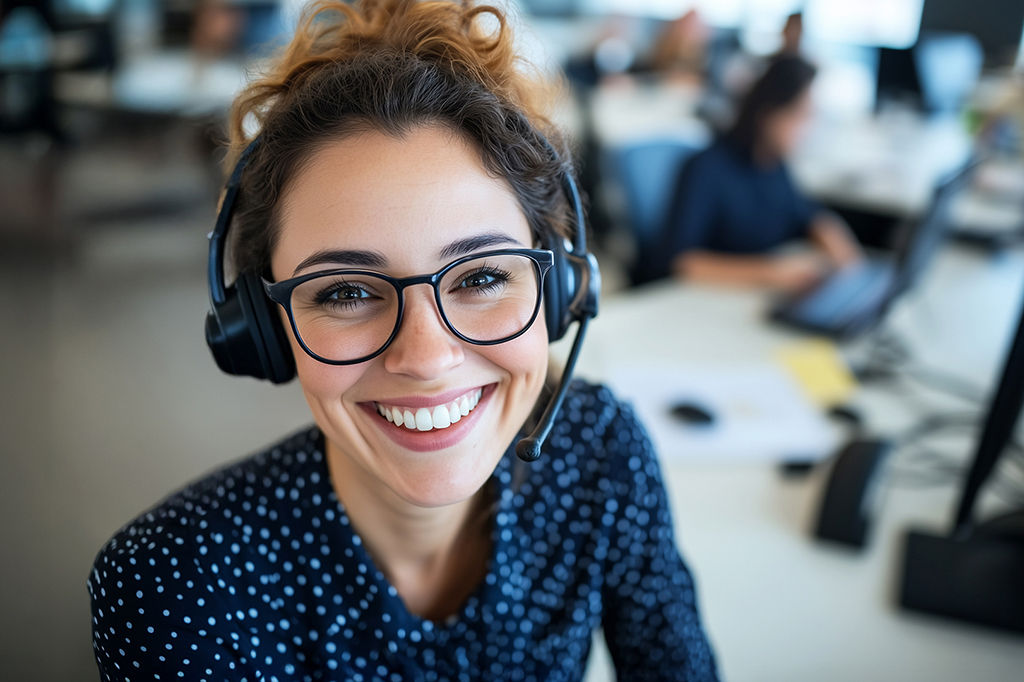 Junge Frau mit Headset schaut lächelnd in die Kamera.