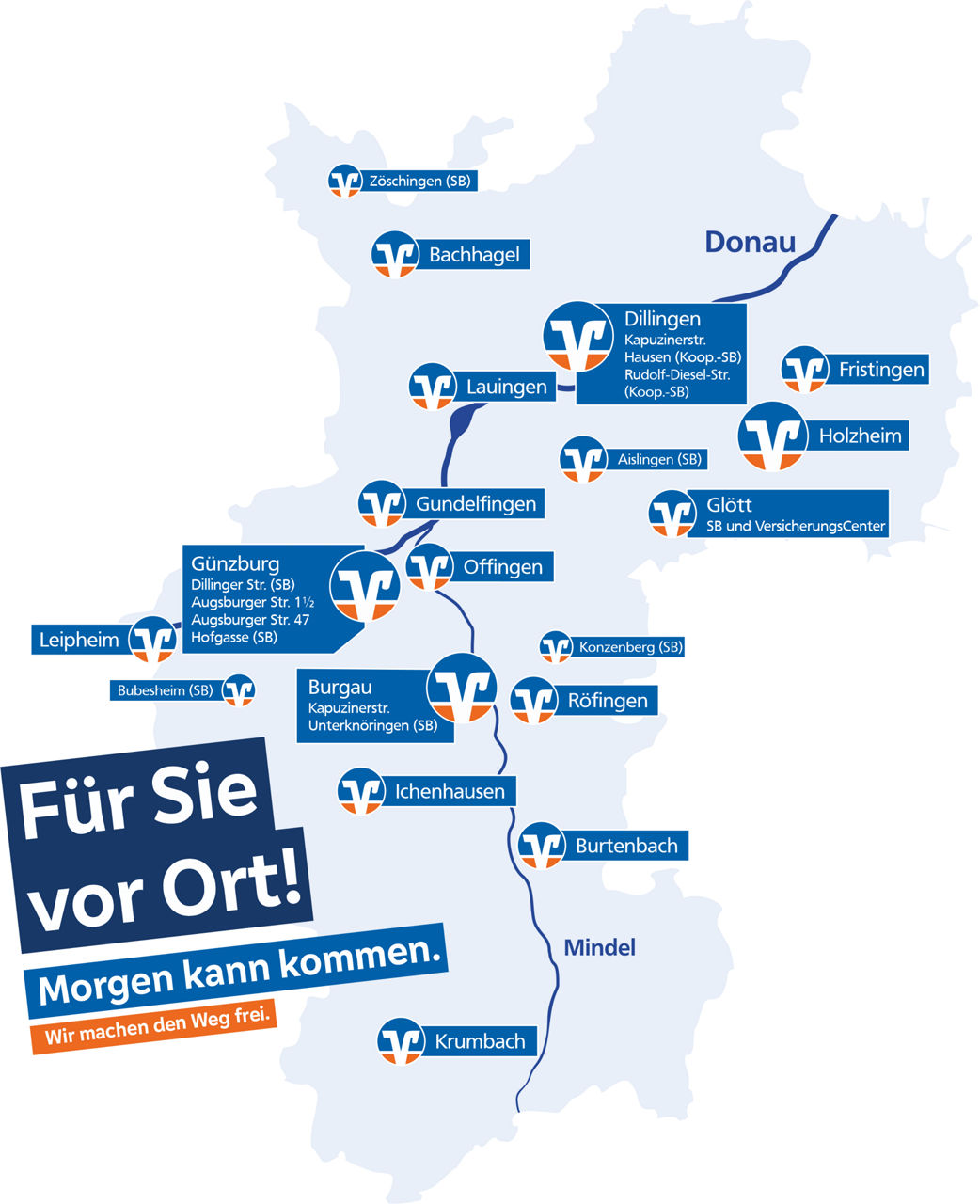 Grafische Darstellung aller Filialen der VR-Bank Donau-Mindel eG