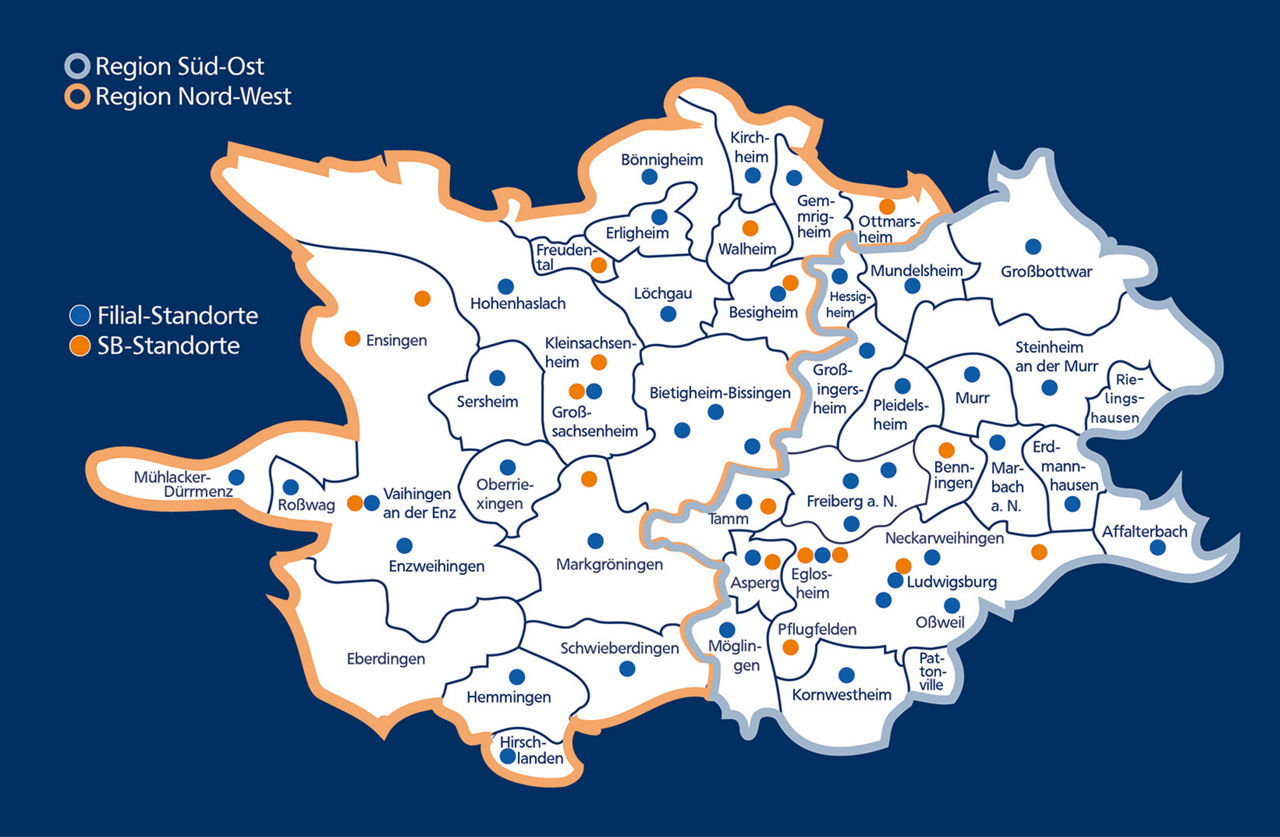 Karte mit dem Geschäftsgebiet der VR-Bank Ludwigsburg und den verschiedenen Serviceregionen