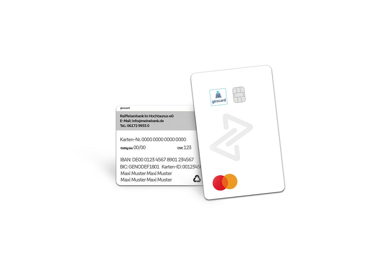 Abbildung zeigt die Vorder- und Rückseite der girocard Debit Mastercard in schlichtem und hochwertigem weißen Design.