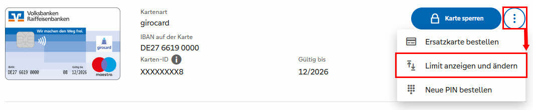Kartenübersicht mit den jeweiligen Funktionen, speziell die Funktion Limit anzeigen und ändern