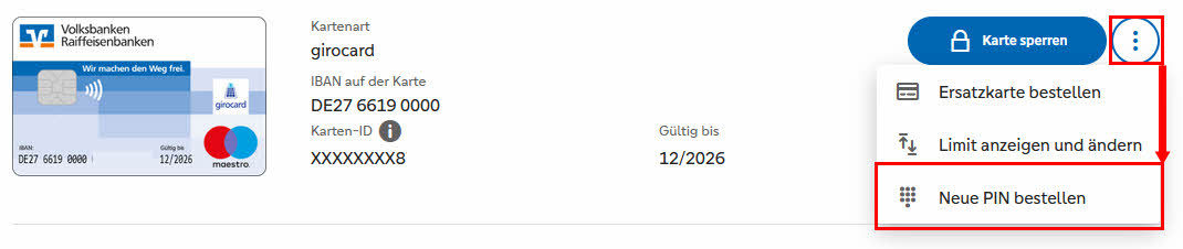 Kartenübersicht mit den jeweiligen Funktionen, speziell die Funktion Neue PIN bestellen