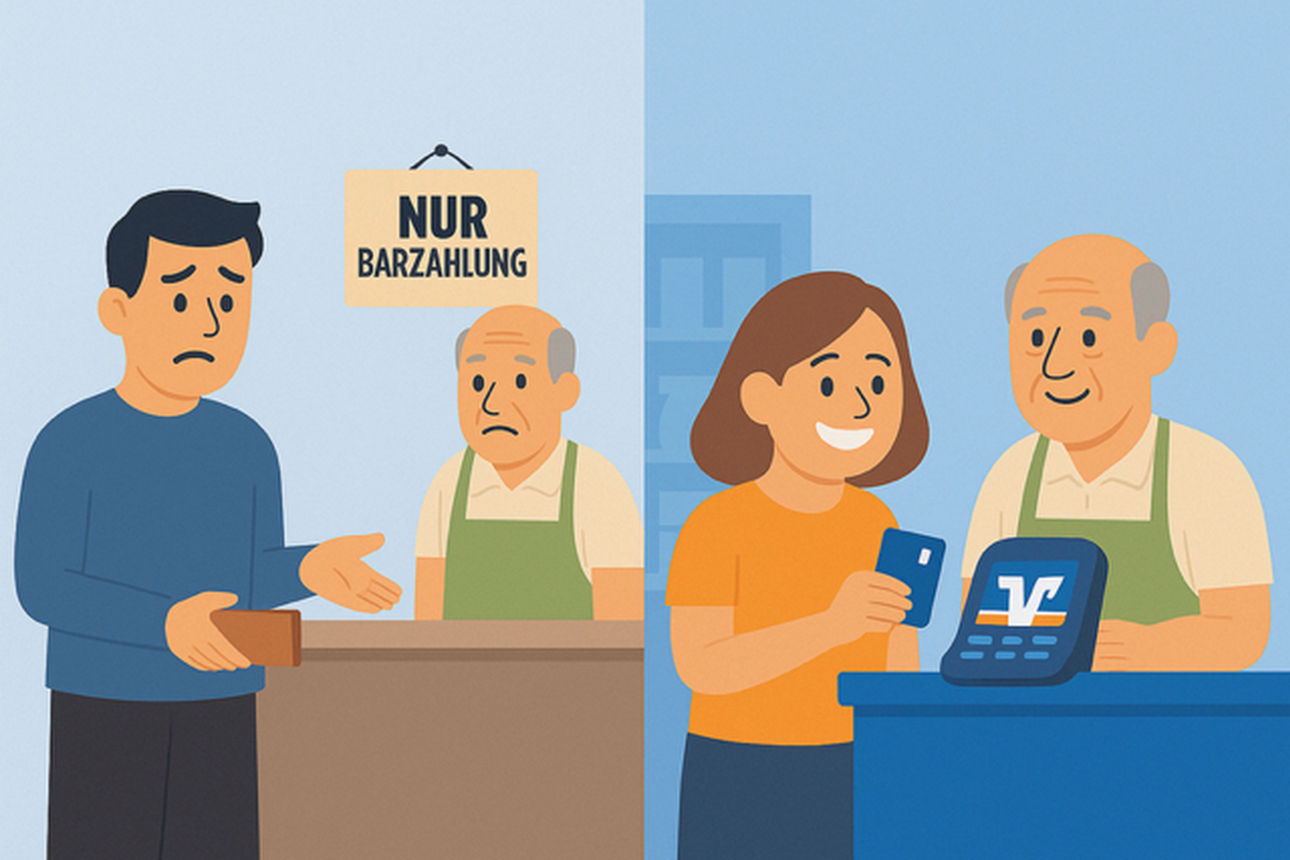 Eine Illustration mit links einem Kunden der ein leeres Portemoinnae hält und rechts eine Illustration wo Kartenzahlung angeboten wird 