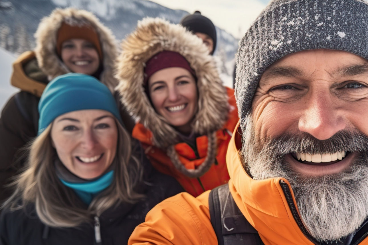 Personen in Winterkleidung, die lächeln in die Kamera schauen. Im Hintergrund Winterlandschaft.