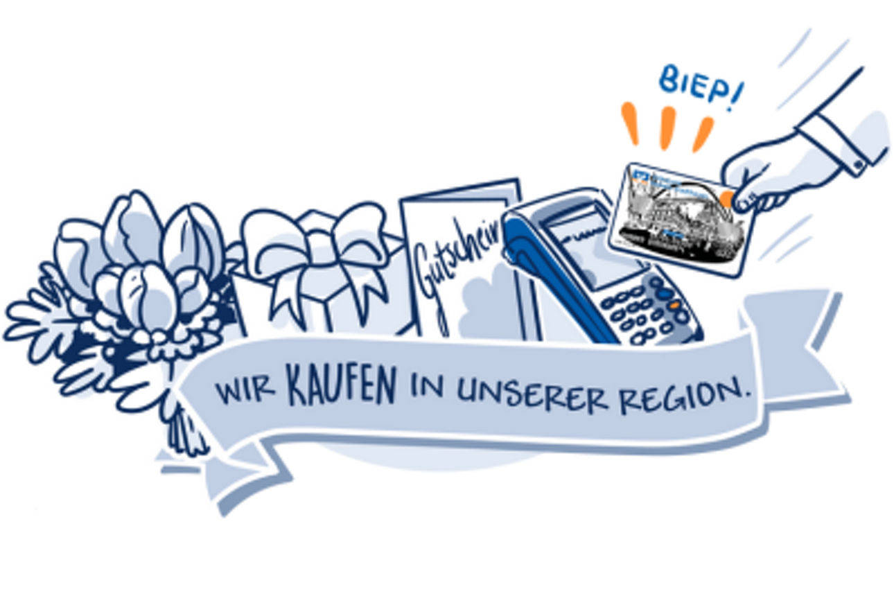 Rregionale Produkte, ein Kartenterminal und eine kontaktlose Kartenzahlung mit dem Hinweis „Wir kaufen in unserer Region“.