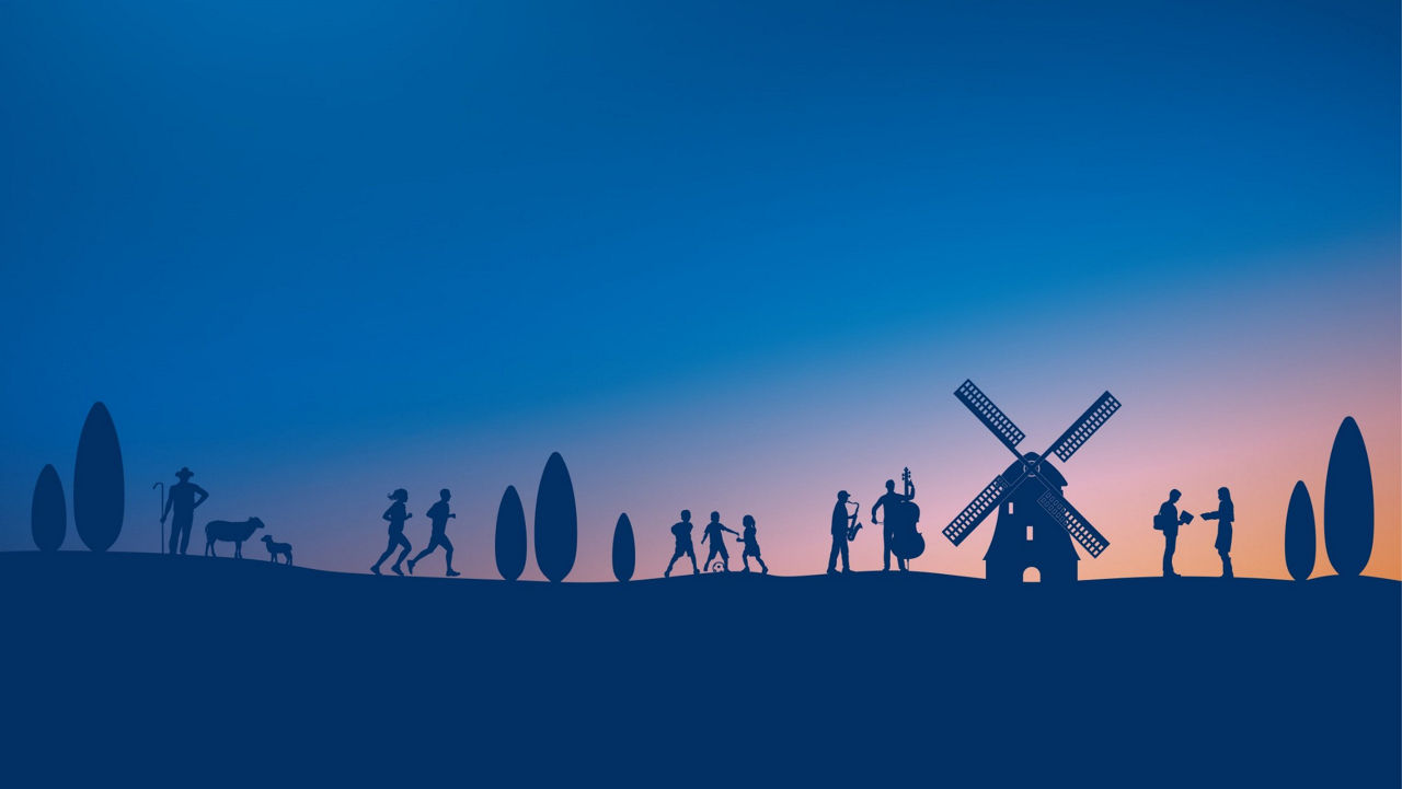 Key Visual der Stiftung blau-orange mit Grafikelementen Wacholder, Mühle, Menschen