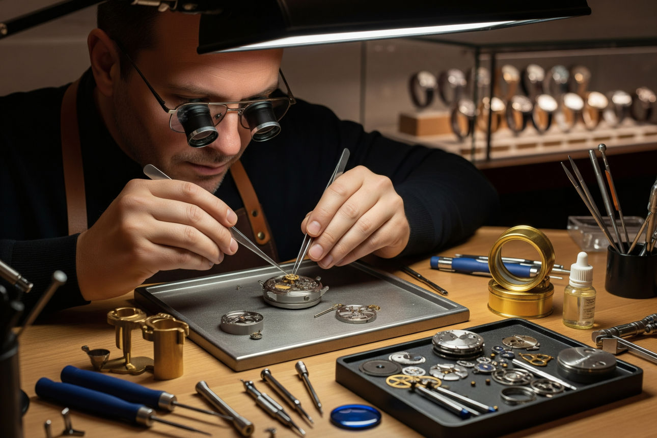 Ein Uhrenmacher ist vertieft in seine arbeit
