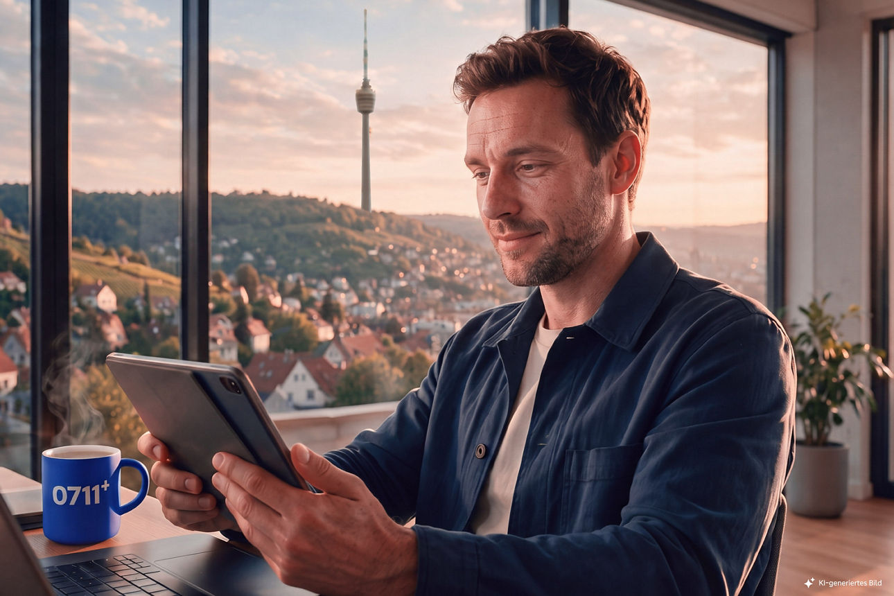 Herr mit Ipad sitzt am Bürotisch