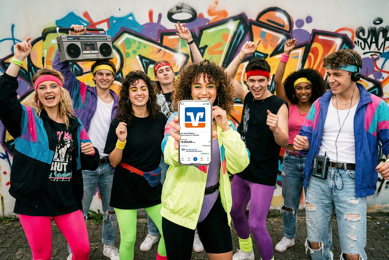 Gruppe junger Menschen im Style der 80er Jahre mit einem Handy