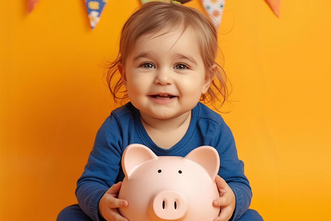 Kleines Kind hält ein Sparschwein in der Hand