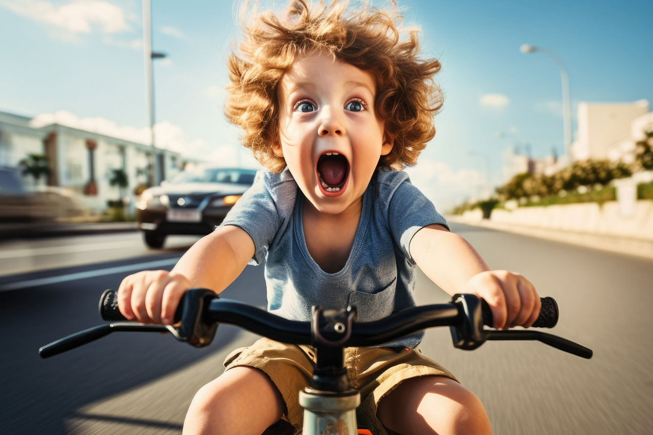 Shocked funny child with big eyes rides a tricycle in a very busy road
