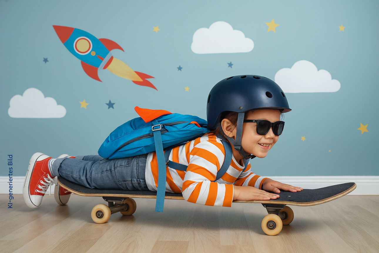 Kleines Kind liegt auf einem Skateboard 