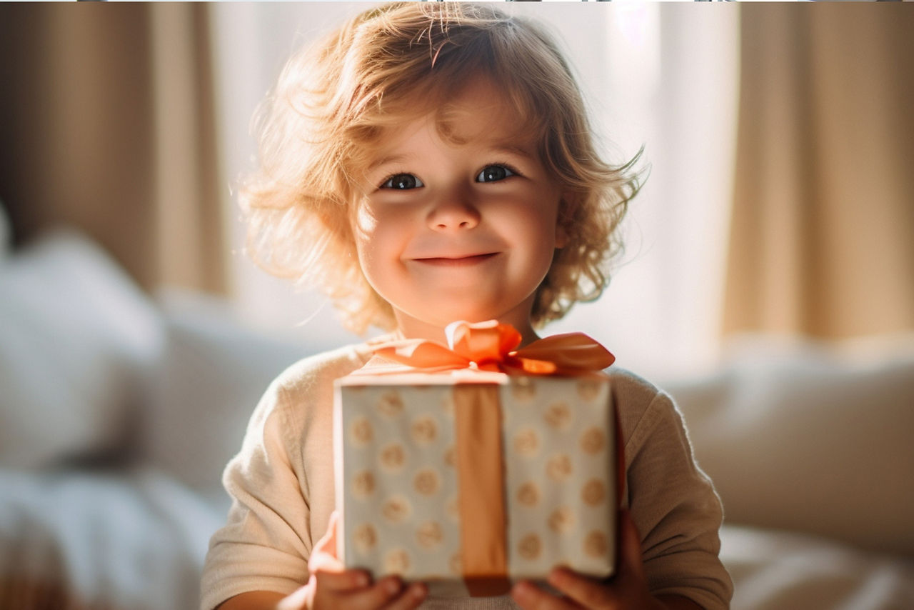 Ein fröhliches Kind hält ein liebevoll verpacktes Geschenk mit Schleife in den Händen – Symbol für Freude und Geben.