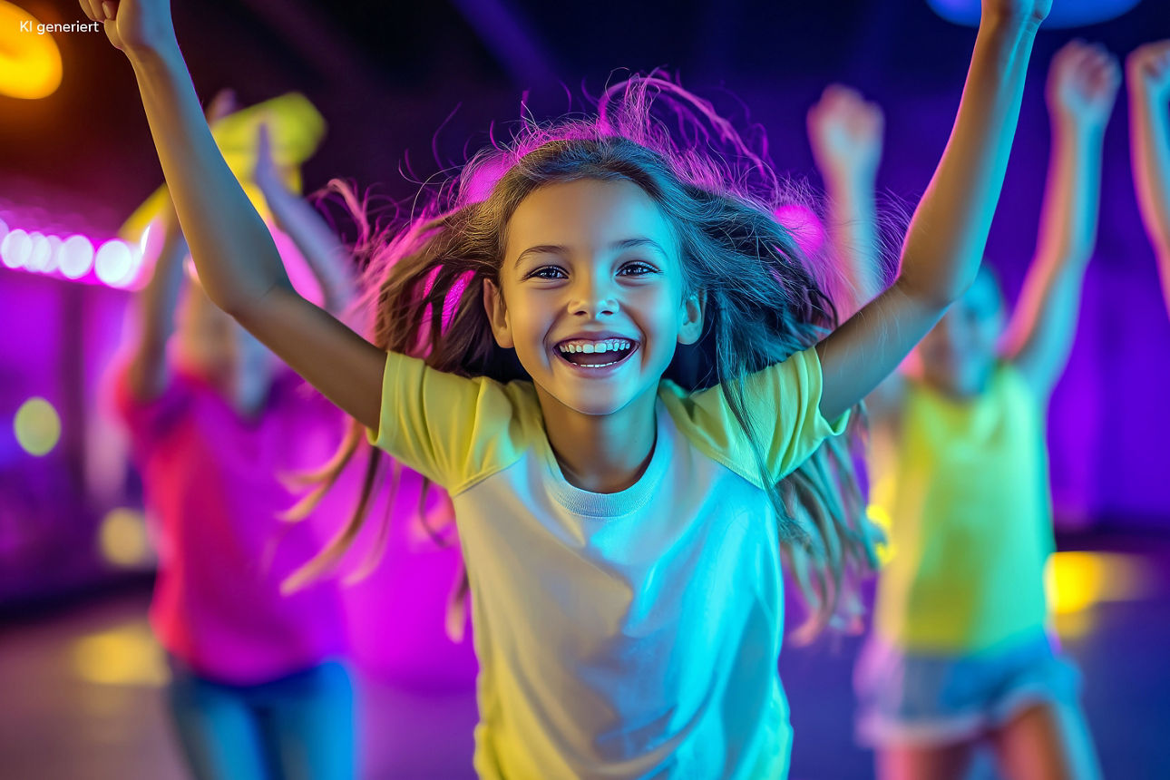Kind mit langem Haar und gelbem T-Shirt hebt die Arme, im Hintergrund weitere Kinder in bunten T-Shirts bei Bewegung.
