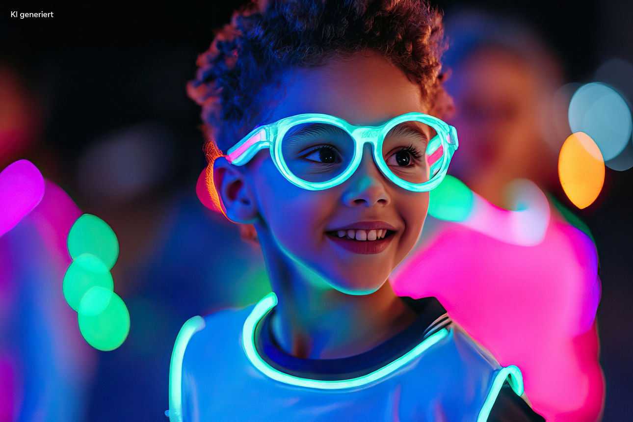 Kind mit lockigem Haar trägt eine leuchtende Neon-Brille und ein leuchtendes Oberteil vor unscharfem, farbigem Hintergrund.