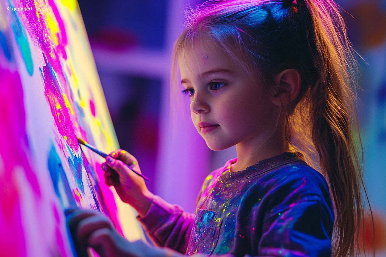 Kind mit langem Haar und gelbem T-Shirt hebt die Arme, im Hintergrund weitere Kinder in bunten T-Shirts bei Bewegung.