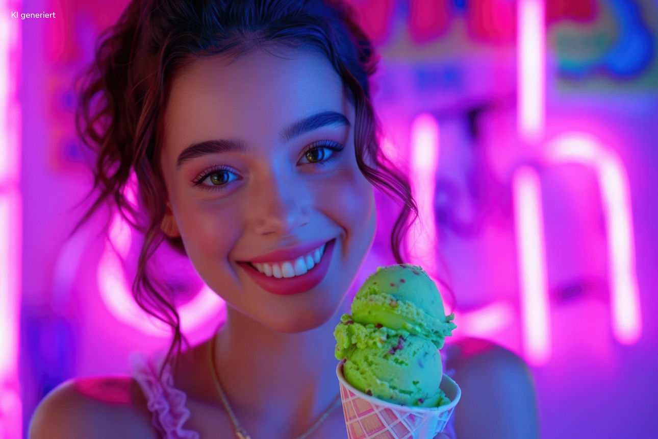 Person mit lockigem Haar hält Eistüte mit grünem Eis vor leuchtend pink-lila Neonlicht.