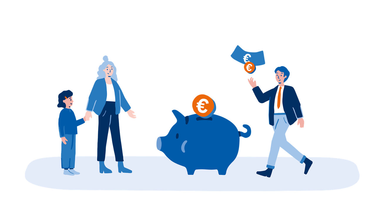 Illustration: Familie steht um ein Sparschwein versammelt, Vater hält eine Münze zum Einwurf bereit