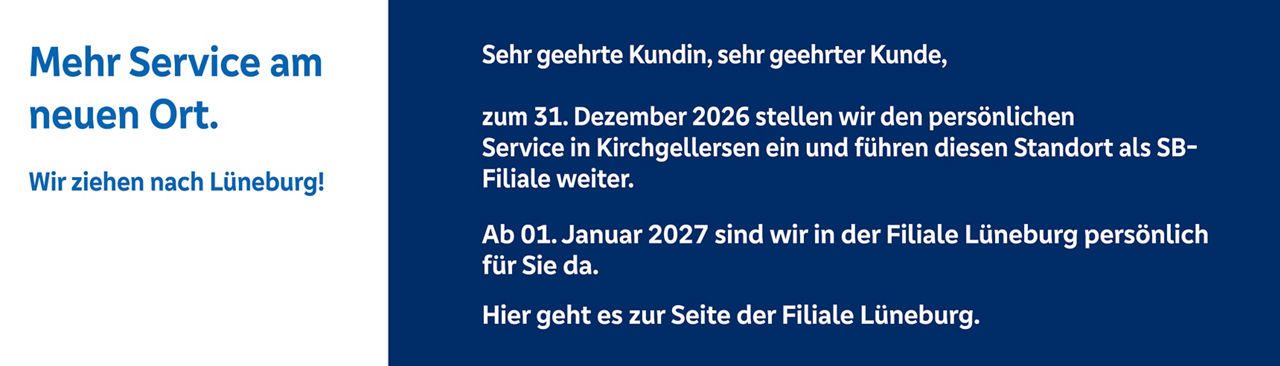 Die Filiale Kircgellersen schließt zum 31.12.2026 und ist dann ein SB-Standort.