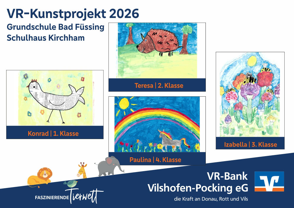 Die vier Gewinnerbilder VR-Kunstprojekt 2026, Schulhaus Kirchham:  Huhn, Igel, Einhorn, Bienen.
