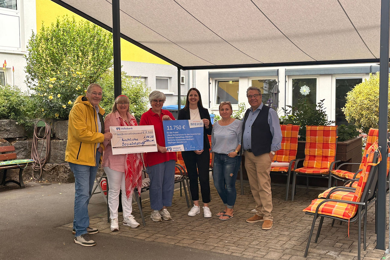 Sechs Personen auf einer Terrasse präsentieren zwei große Spendenschecks