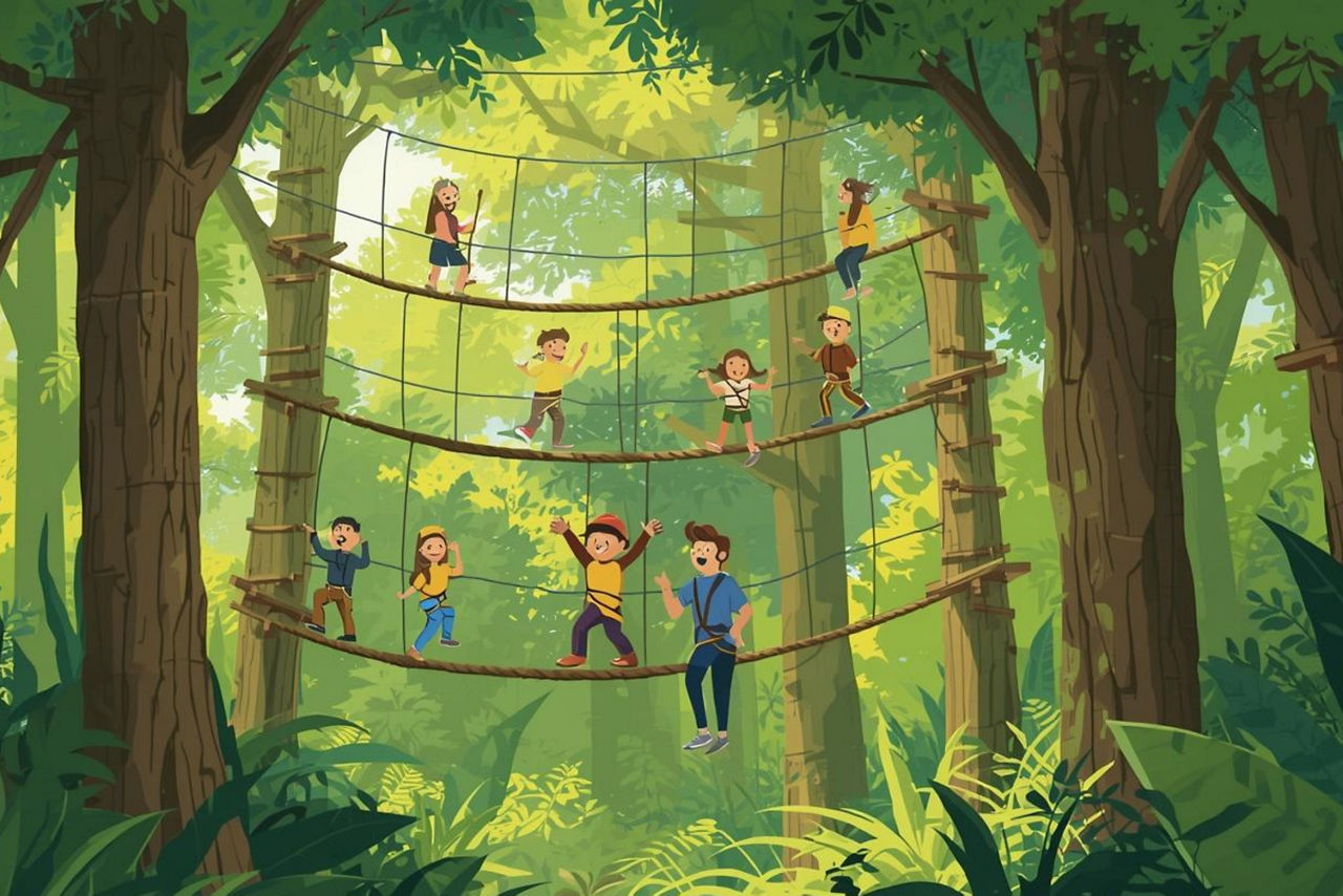 Eine Illustration von Kindern im Kletterwald. 