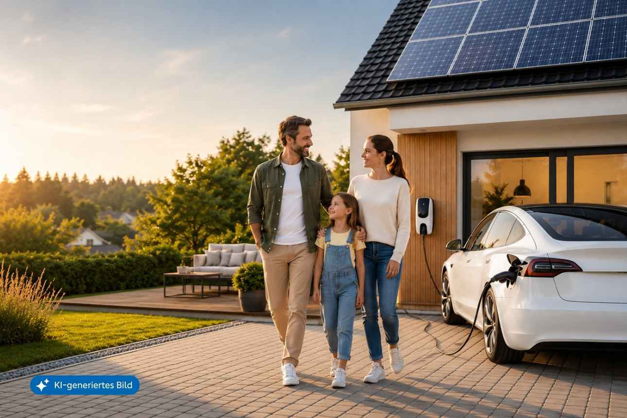 Junge Familie vor modernisiertem Haus