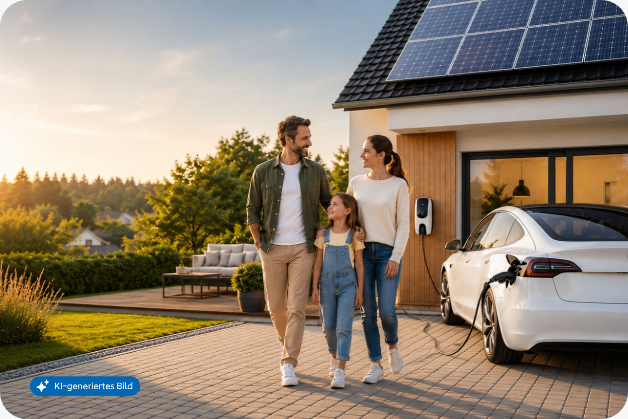 Eine junge Familie steht vor ihrem Haus mit E-Auto und Photovoltaik-Anlage