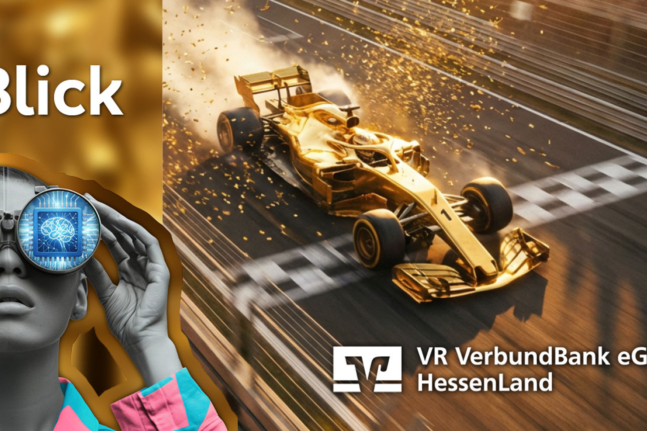 Frau mit Fernglas links und rechts ein goldenes Formel 1 Auto