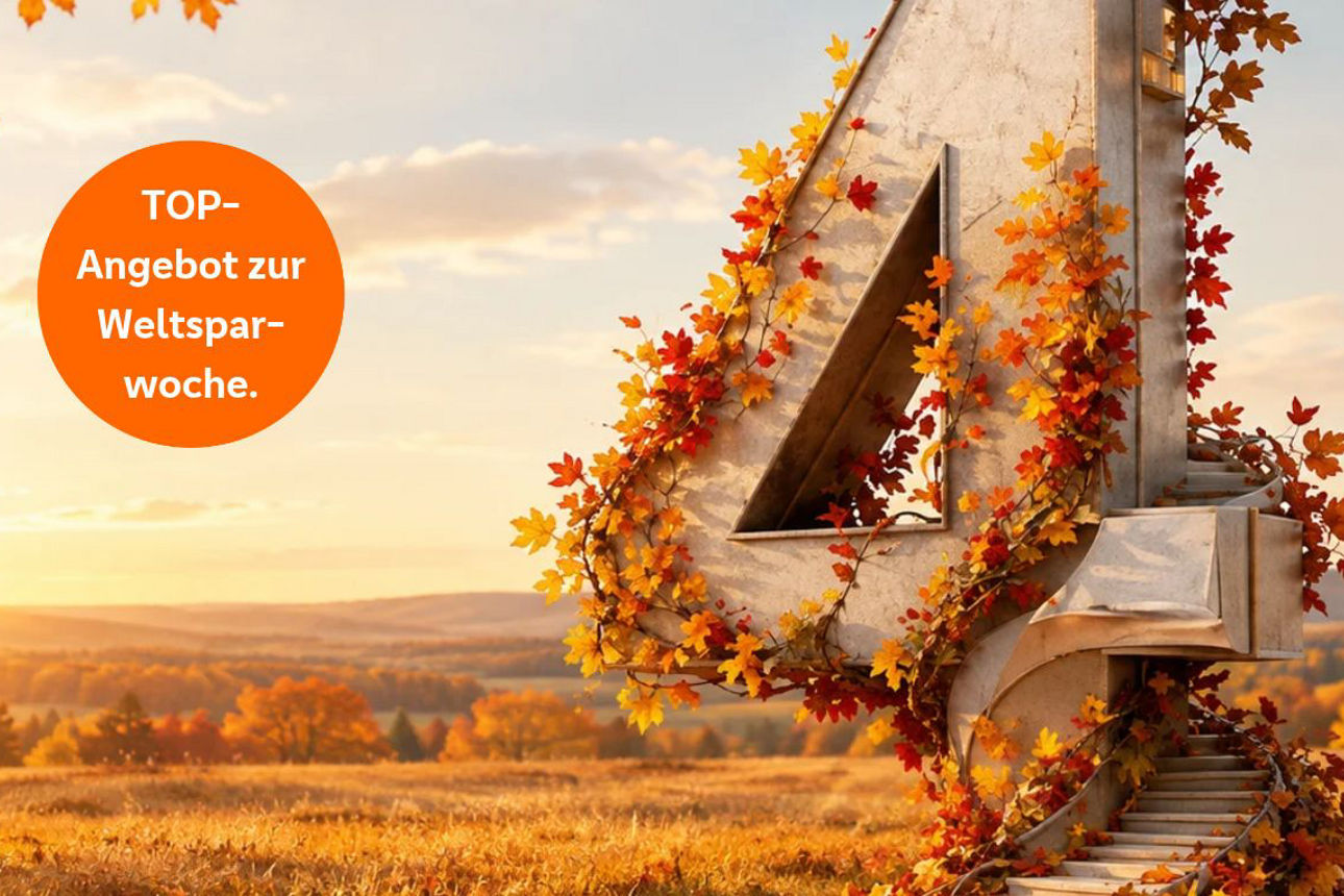 4-%-Statue in einer Herbstlandschaft,  Angebot zur Weltsparwoche